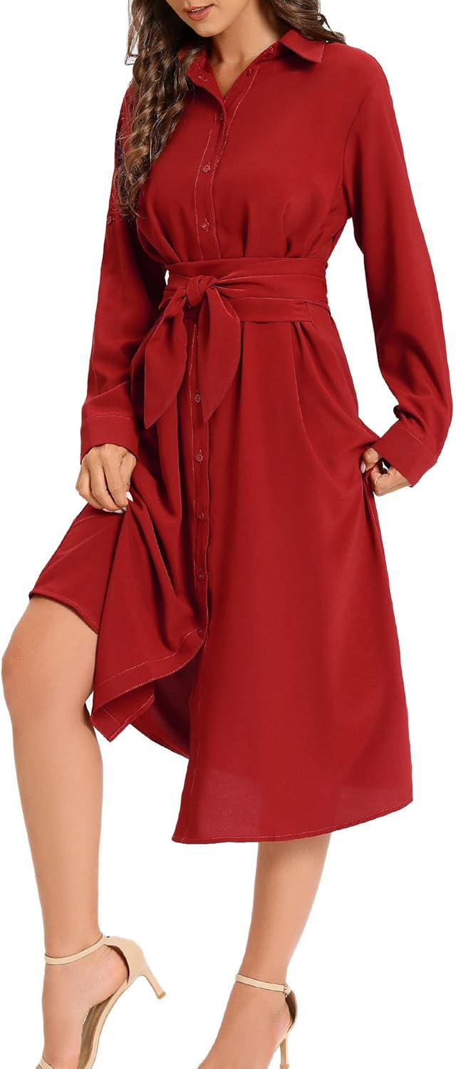 LUSMAY Women's Casual Button Down Belted Shirt Dress Long Sleeve Flowy A Line Dresses with Pockets - Image 4