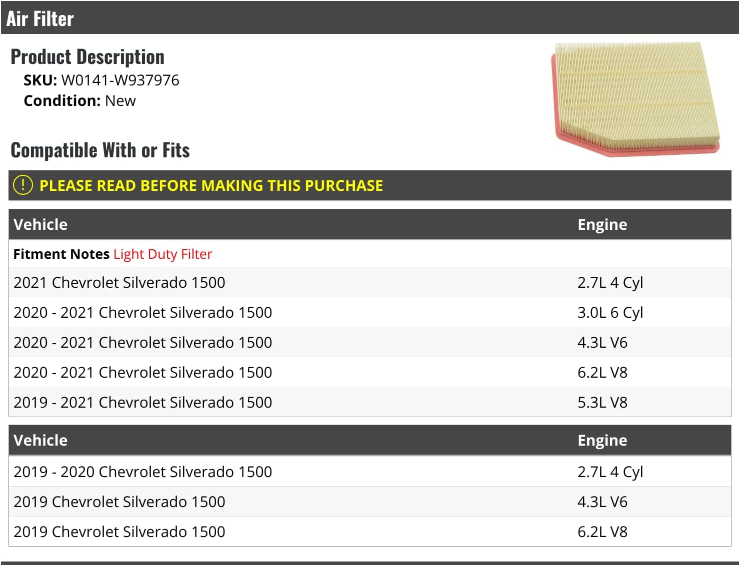 Marketplace Auto Parts Engine Air Filter - Compatible with 2019-2021 Chevy Silverado 1500 (with Light Duty Filter)