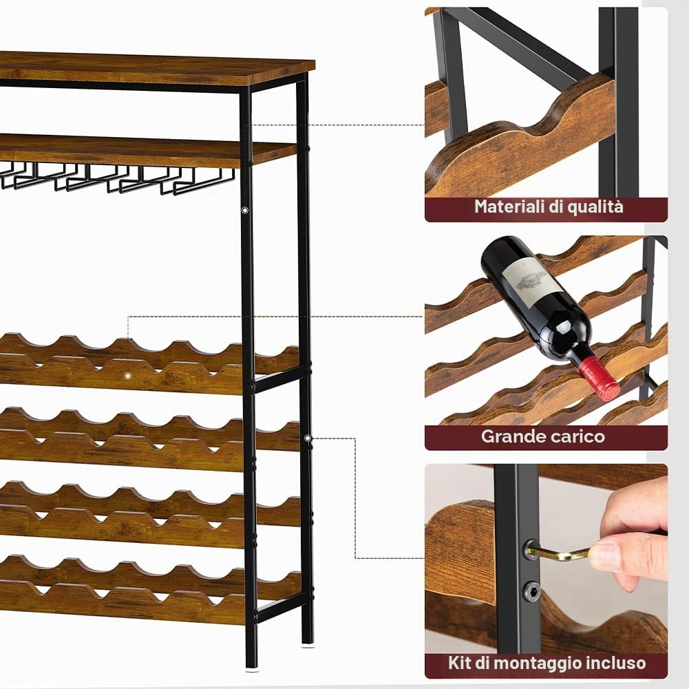 Shally Dogan Portabottiglie da Terra per Vino con 24 Scomparti Porta Bottiglie, 10 Portacalici e 1 Ripiano, Cantinetta Industrial per Angolo Bar con Struttura in Acciaio e Ripiani in Legno 66x30x100cm