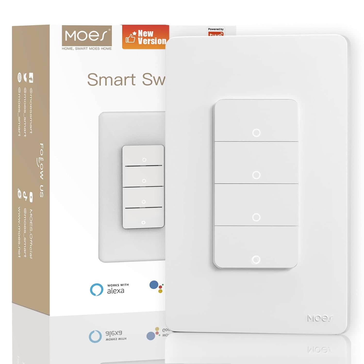 MOES Smart 4 Gang Light Switches, 2nd Generation Wi-Fi Single Pole Switch, Netural Wire Required, Inteligente Switch Combo Compatible with Alexa Google Assistant, Remote Control