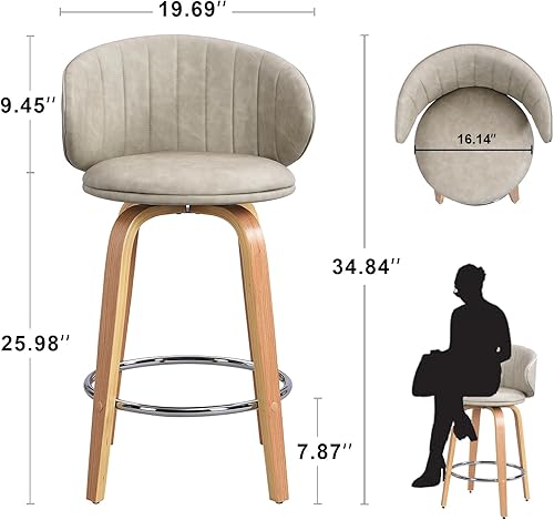 Miniatura 2 de Juego de 2 taburetes de bar modernos de madera curvada de mediados de siglo, taburetes giratorios de piel sintética con respaldo para encimera de