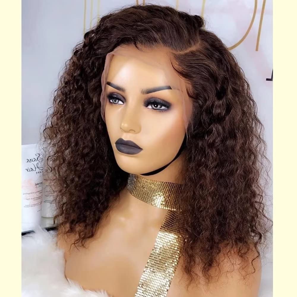 Ombre Colored Short Curly HD Invisible 13X6 Deep Side Part Lace Front Wig Human Hair Pre Plucked Brown Curly 150 Density Wigs with Baby Hair Glueless Short Loose Curly Human Hair Wigs for Women
