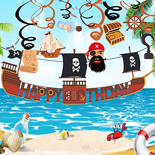 80Pcs Pirate Birthday Party Decorations Pirate Happy Birthday Banner Hanging Swirls Balloons Eye Mask Mustaches Cupcake Toppers Bandana Pirate Theme Party Supplies Favors For Kids Boys Girls #TOP4