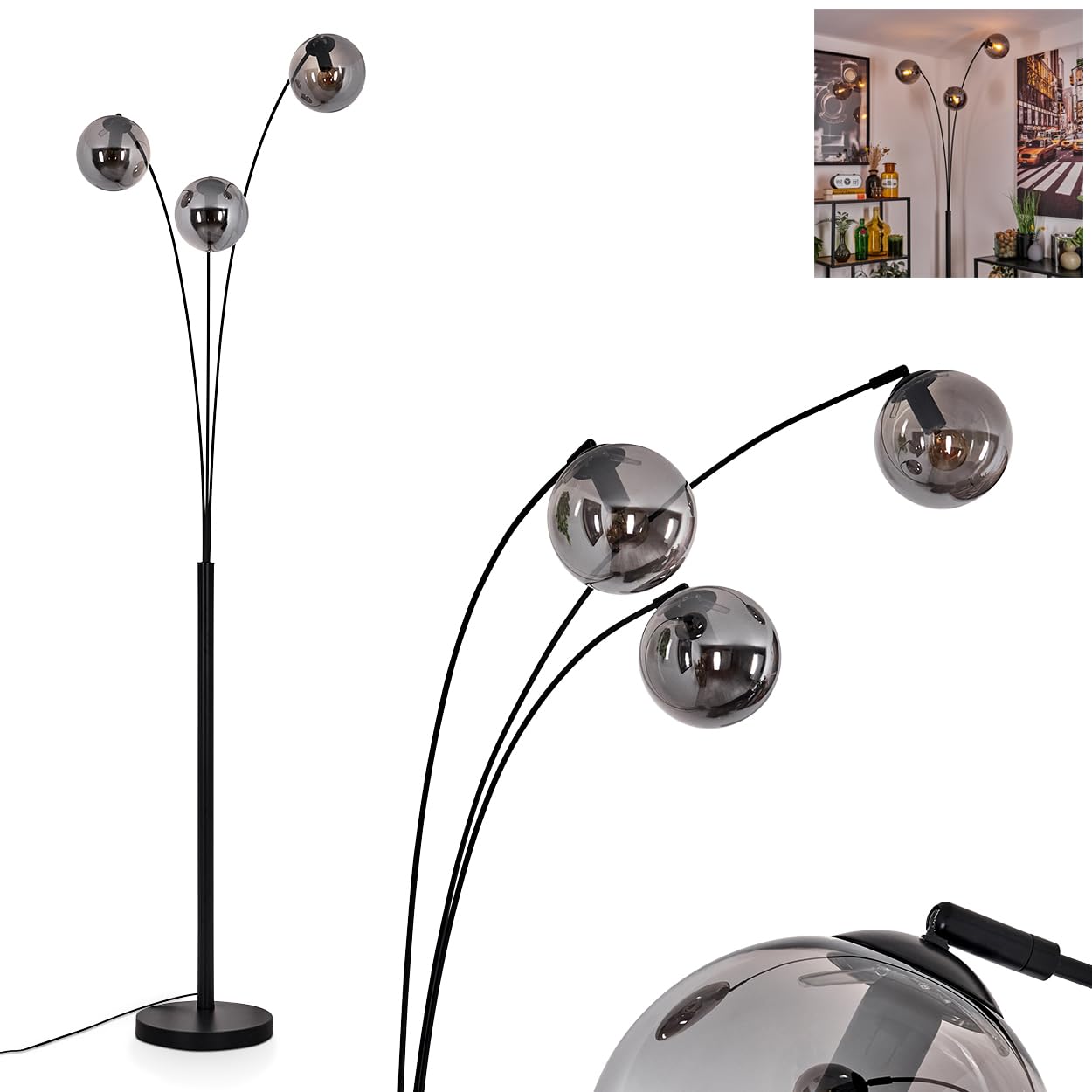 Lampada da terra Gastor, lampada in metallo/vetro nei colori nero/fumo, dal design moderno retrò/vintage con paralumi vetro (Ø 15 cm) e interruttore a pedale, altezza 210 cm, 3 x E14, senza lampadine
