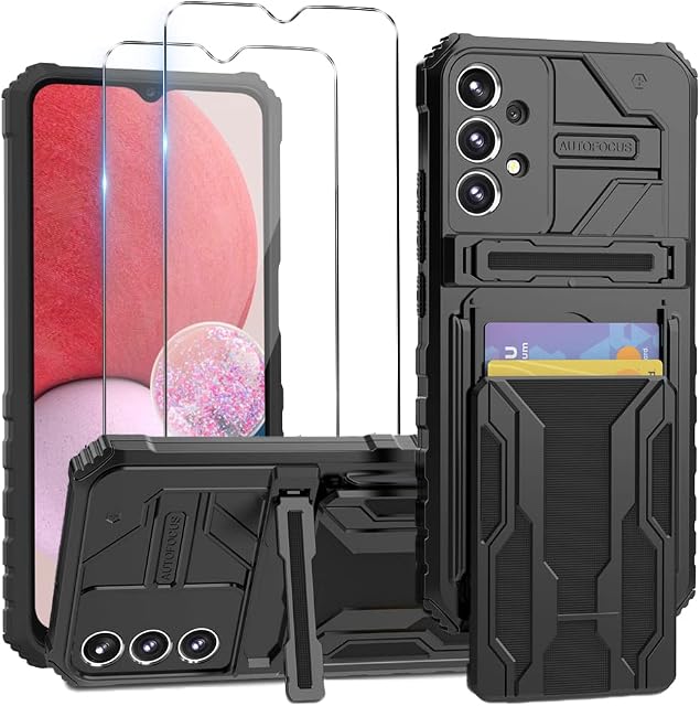 WFTE Samsung Galaxy A13 4G Case Multifunctional Plastic Silicone Double Protective Case [Adjustable bracket] Samsung Galaxy A13 4G Protective Cover +Tempered Glass Screen Protector X2