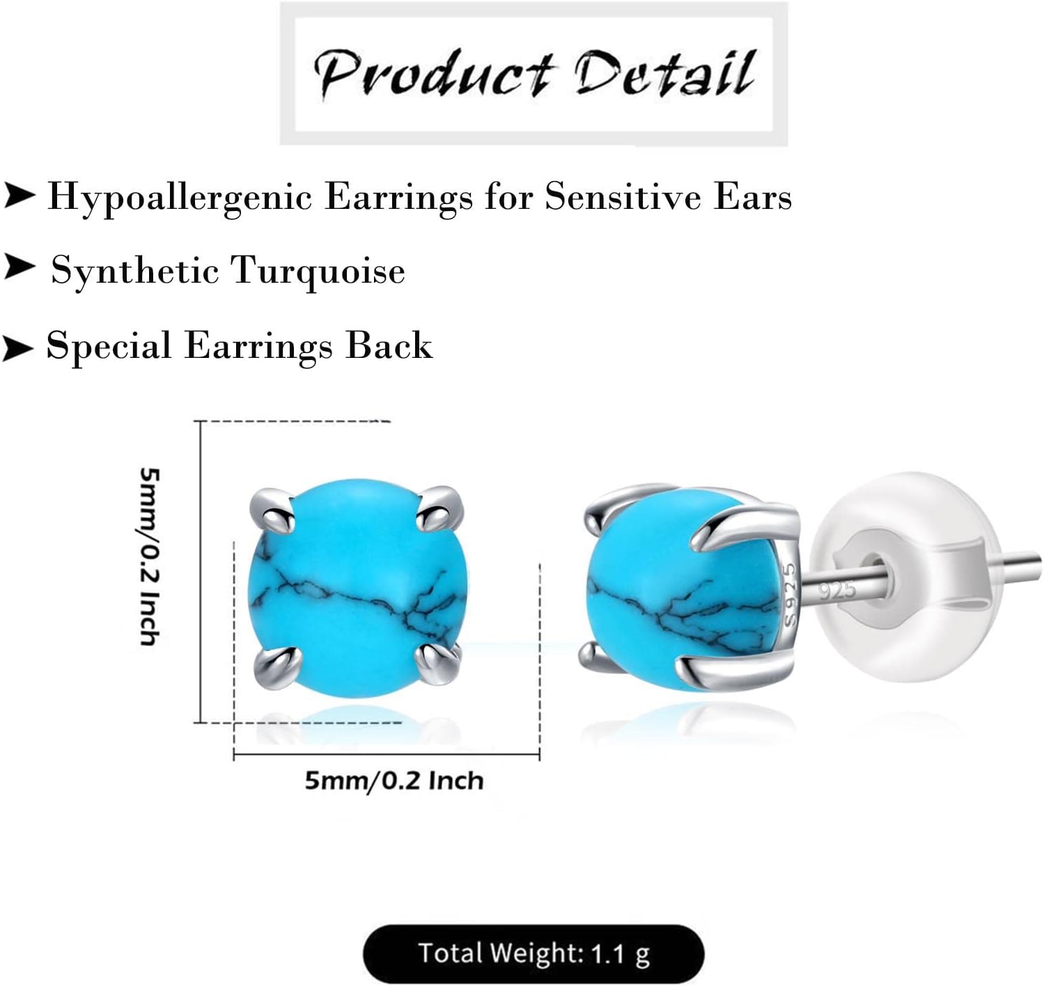 Hypoallergenic Earrings for Women: 925 Sterling Silver Rainbow Moonstone/Opal/Turquoise Screw Back Stud Earrings for Sensitive Ears Small Round Earrings Christmas Mother Day Jewelry Gifts (5mm/7mm)
