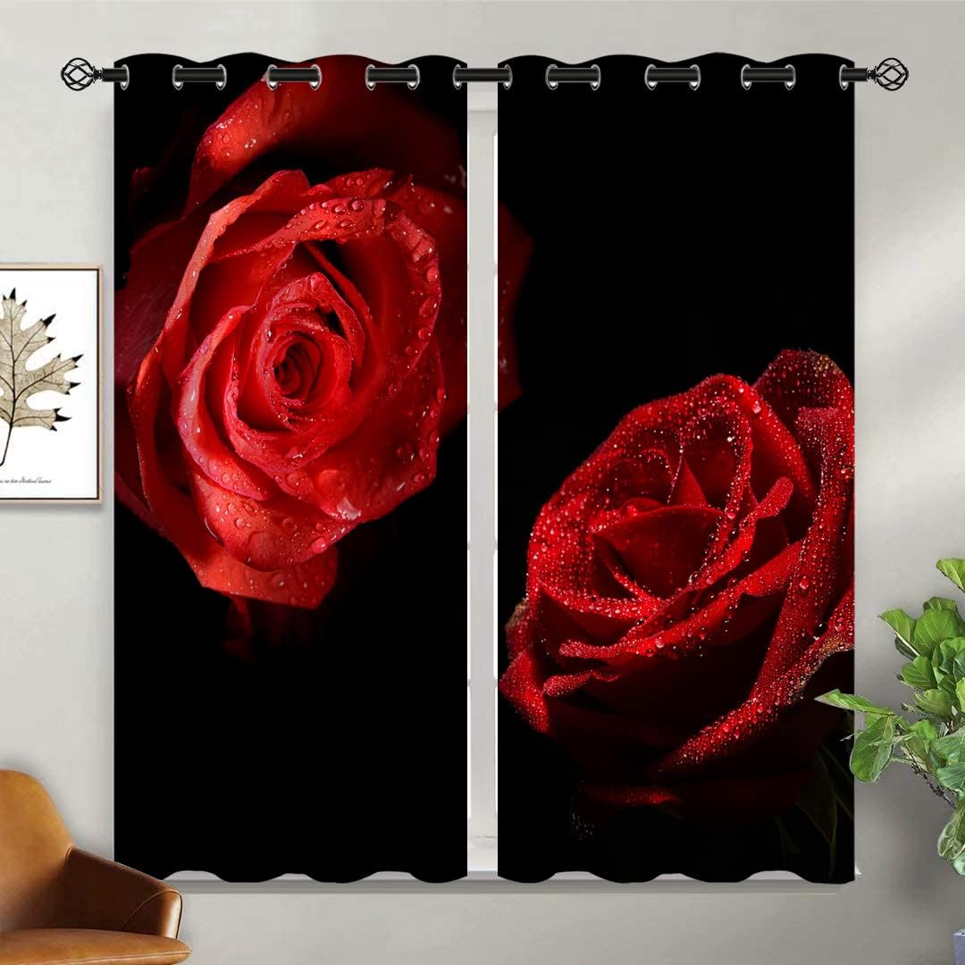 Red Rose Blackout Curtains for Girls Boy Home Decor, 3D Love Valentine's Day Elegant Romantic Grommet Thermal Insulated Drapes Darkening Window Curtain for Bedroom Living Room, 42 x 63 Inch