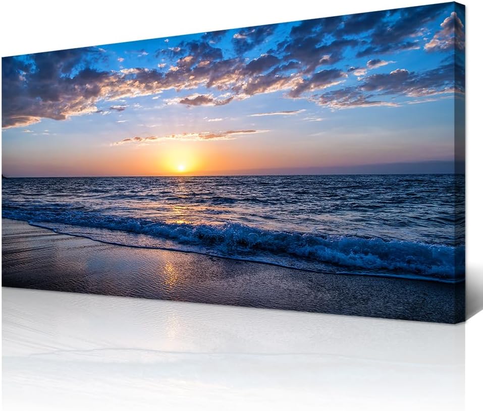 Wapluam Large Canvas Wall Art For Living Room & Bedroom Decor - Black & White Blue Sea Wave Pictures - Framed Beach Posters