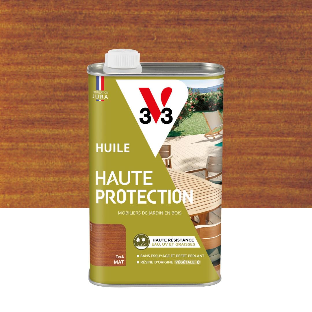 V33 Huile bois extérieur Haute Protection Teck mat - Pour mobilier de jardin - Haute résistance eau, UV et graisses - Sans essuyage et effet perlant - Résine d'origine végétale - 1L