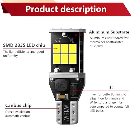 Miniatura 3 de UGSHY Paquete de 2 luces de iluminación para automóvil, luz inversa T15, bombillas de chip 3535 de decodificación de alta potencia, bombilla LED