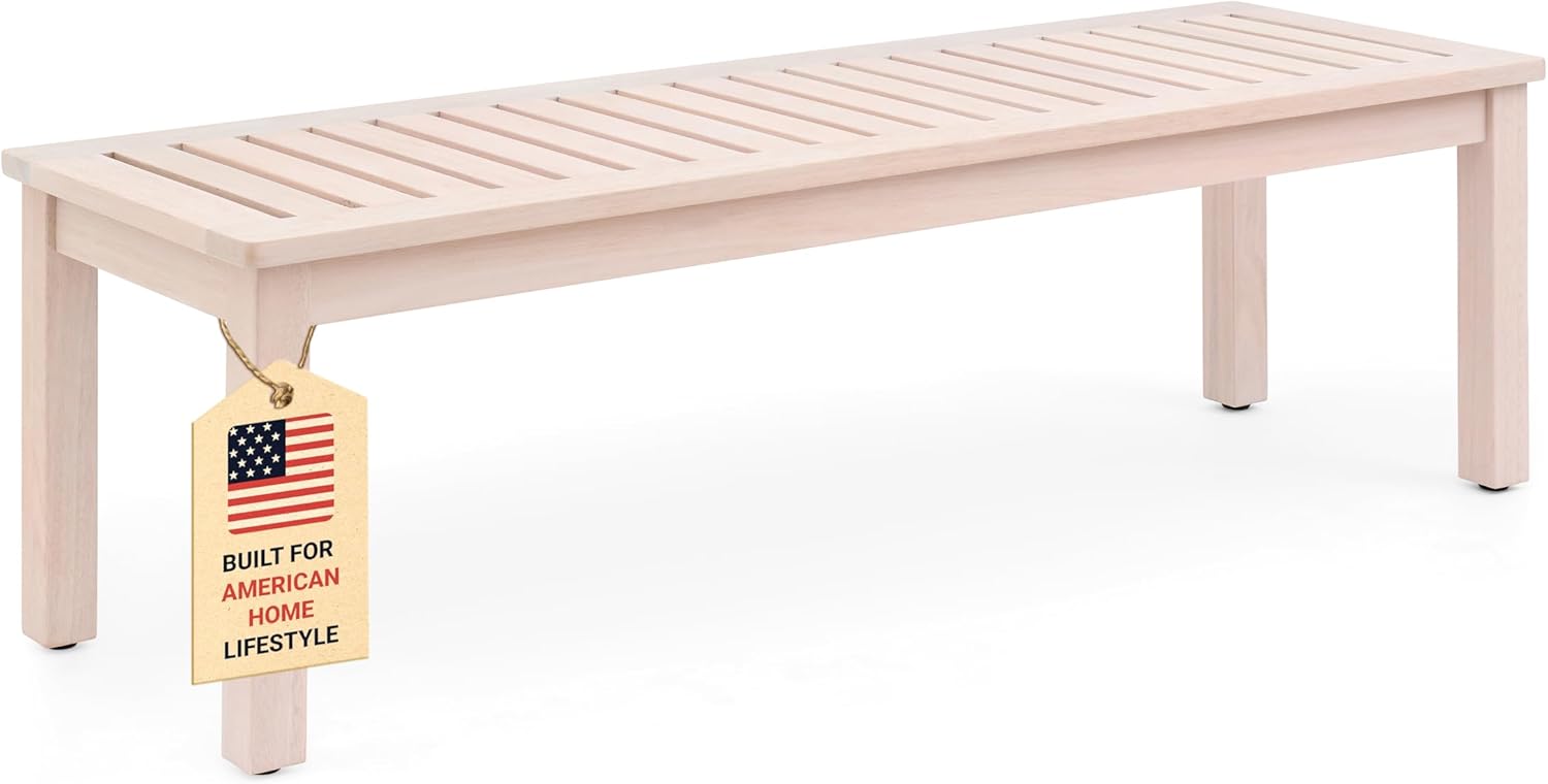 Premium Wooden Backless Bench with Slatted Seat, Eucalyptus Wood Outdoor Patio Garden Bench 52"x16"x17" for Entryway or Indoor Outdoor Seating (Whitewash)