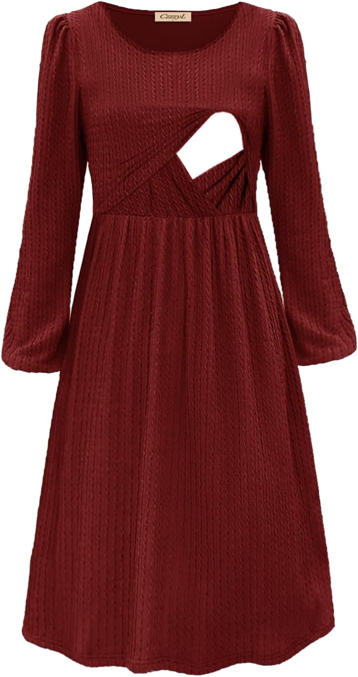 CzzzyL Women Nursing Dress Long Sleeve Knee Length Babydoll