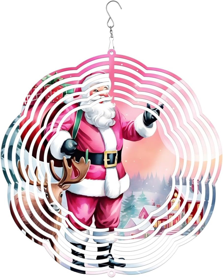Pink Deer Santa Claus Christmas Wind Spinners 3D Stainless Steel Laser Cut Metal Double Sided Printing-Hanging Indoor/Outdoor Decorations Yard Gardening Decor,Metal Kinetic Art 14x14 inches