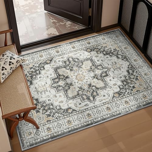 Madane Washable Entry Rug 3x4, Area Rugs for Entryway Kitchen Bathroom Door Mat Indoor Entrance, Vintage Floral Print Office Runner with Non Slip Rubber Backing, Black