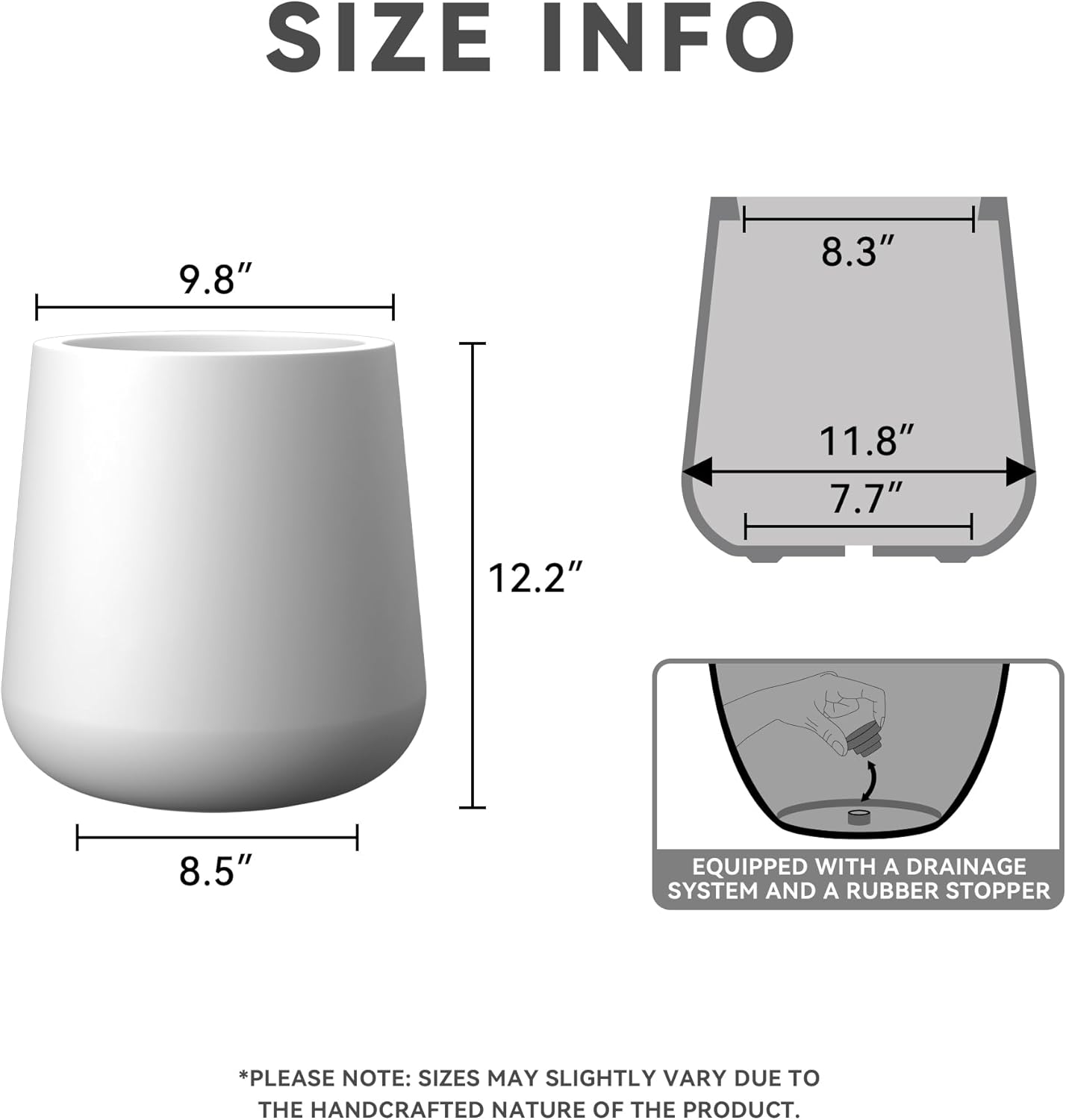 Kante 11.8-Inch Dia Round Concrete Garden Pot with Drainage Hole & Rubber Plug - Indoor/Outdoor Lagre Plant Pot for Home, Garden, Patio, White