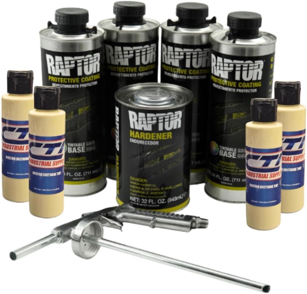 Raptor Truck Bed Liner Kit with Colored Desert Tan Tint and Spray Gun - 4 Liters - Protective Spray On Paint for Coating Trucks, Tailgates, Vehicle Undercoating - Tintable Bedliner Formula