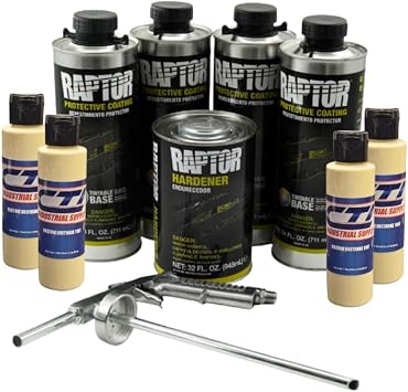 Raptor Truck Bed Liner Kit with Colored Desert Tan Tint and Spray Gun - 4 Liters - Protective Spray On Paint for Coating Trucks, Tailgates, Vehicle Undercoating - Tintable Bedliner Formula