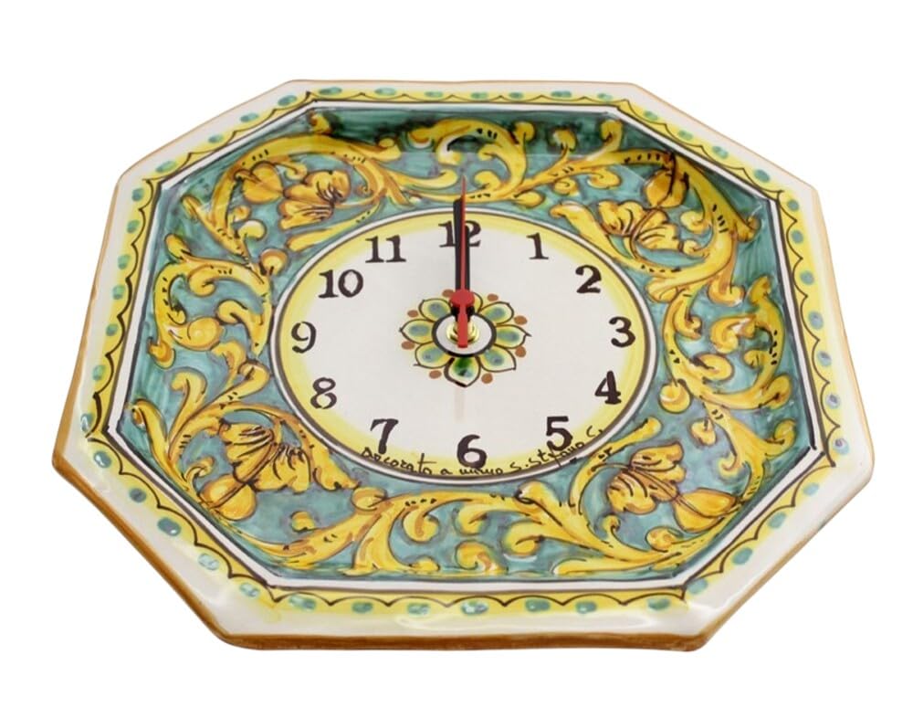Orologio da parete per cucina in ceramica siciliana giallo e verde di santo stefano di camastra decorata a mano Gianluca Art 24