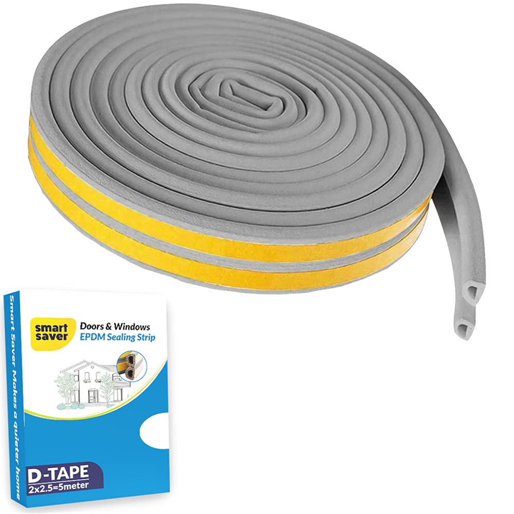 Smart Saver D Shaped (Grey) Self-Adhesive Epdm Doors and Windows Foam Seal Strip Rubber Weatherstrip 5 Meter (2 X 2.5 M = 5 Meter)-Pack of 1