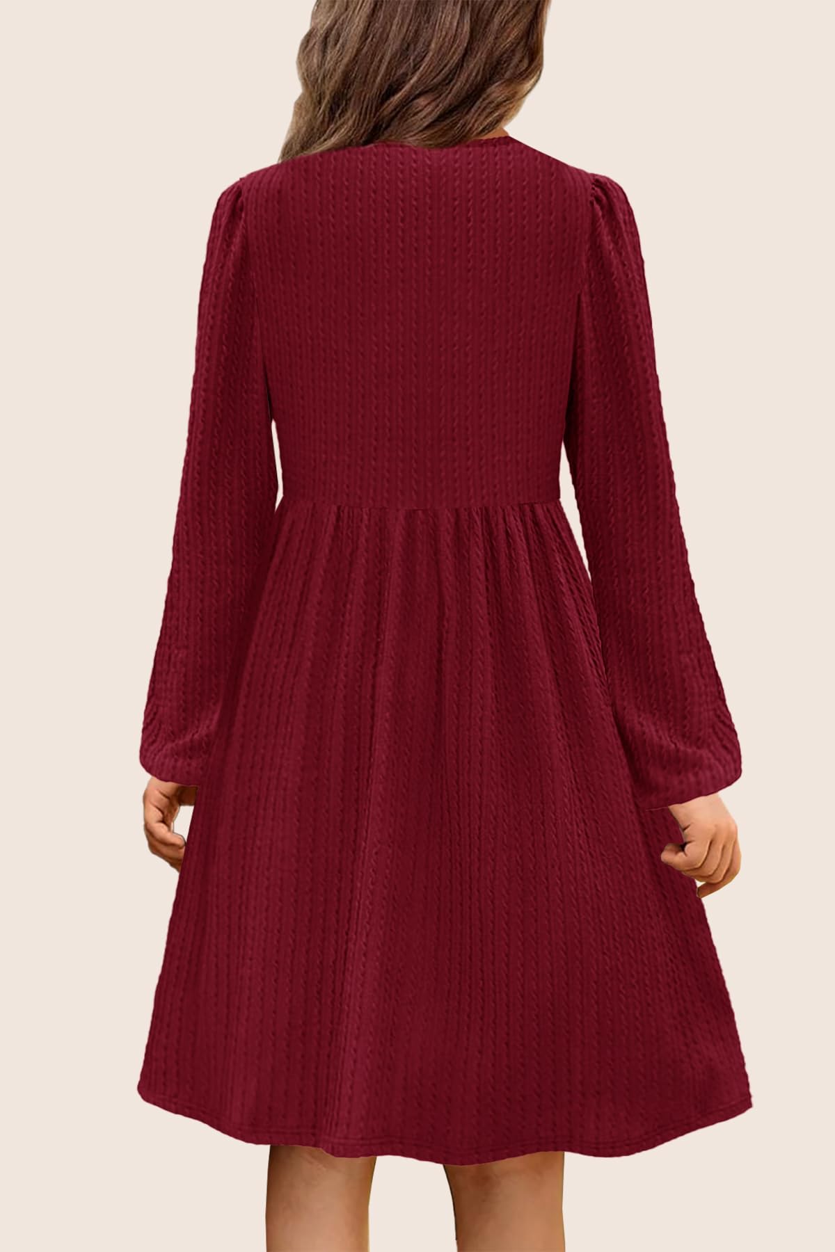YOVION Mädchen-Strickkleid, Rundhalsausschnitt, lange Ärmel, einfarbig, A-Linie, Herbstkleid, Freizeitkleider mit Taschen, für 6–12 Jahre