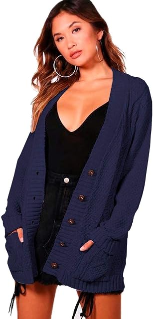 Red Olives New Women's Ladies Long Sleeve Button Top Chunky Aran Cable Knitted Grandad Cardigan UK 8-26 (Navy, 12-14)