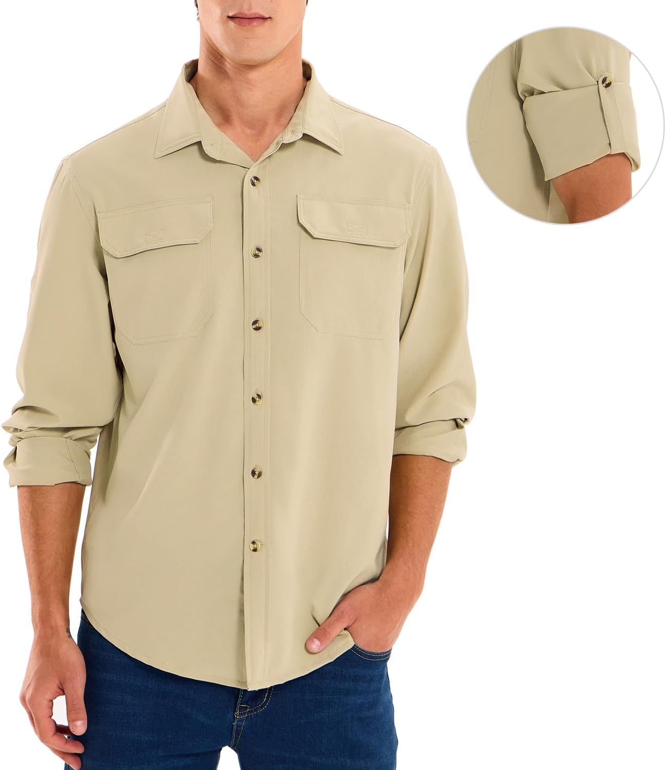 HODOSPORTS Men's UPF 50+ UV Sun Protection Shirt Quick Dry Button Down Fishing Shirts Long Sleeve for Hiking Fishing White