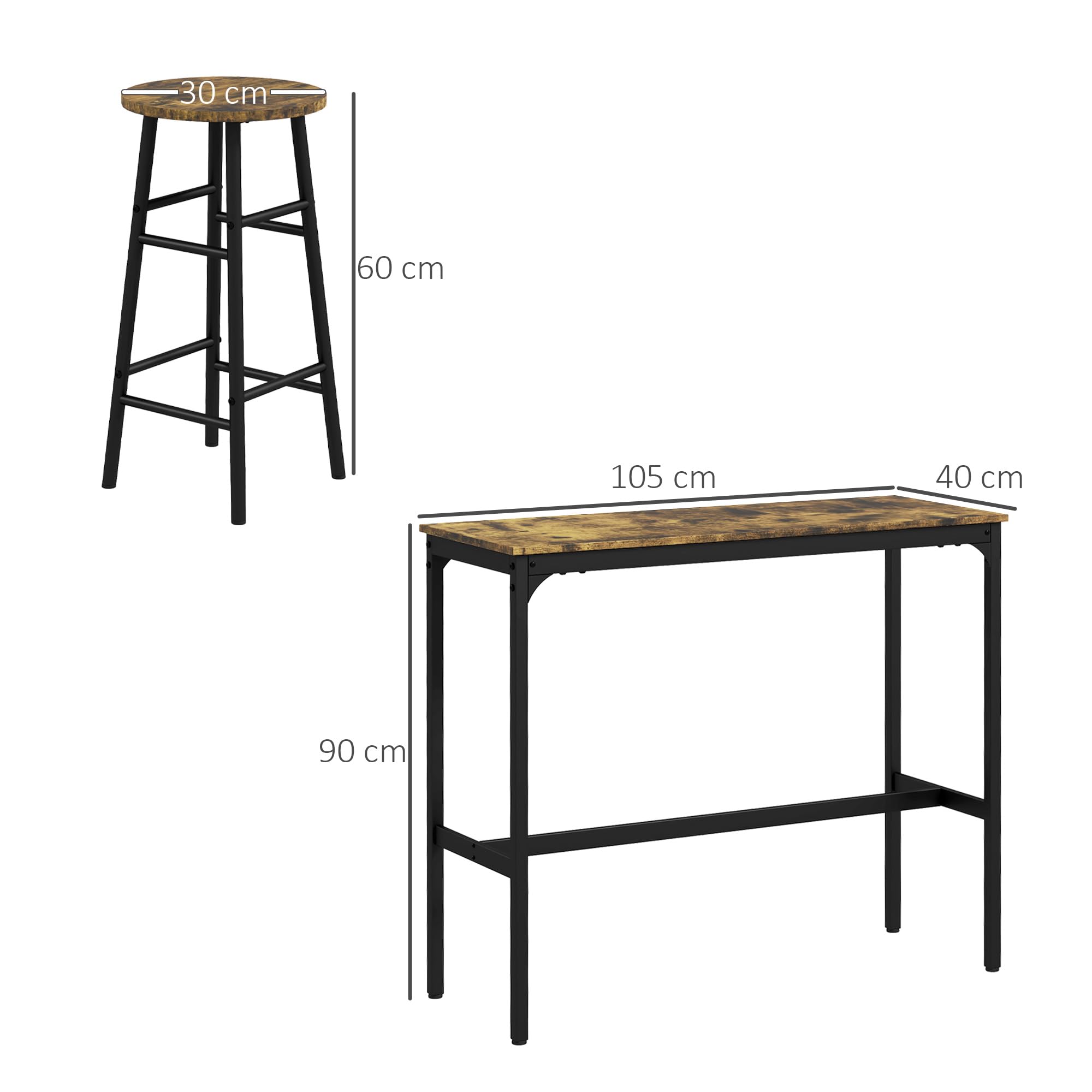 HOMCOM Bartisch Set Bartisch mit Barhocker Set für 2 Personen Esstisch mit 2 Barhocker mit Fußstützen, Küchentisch im Industrie-Design für Esszimmer, Küche, Rustikal-Braun