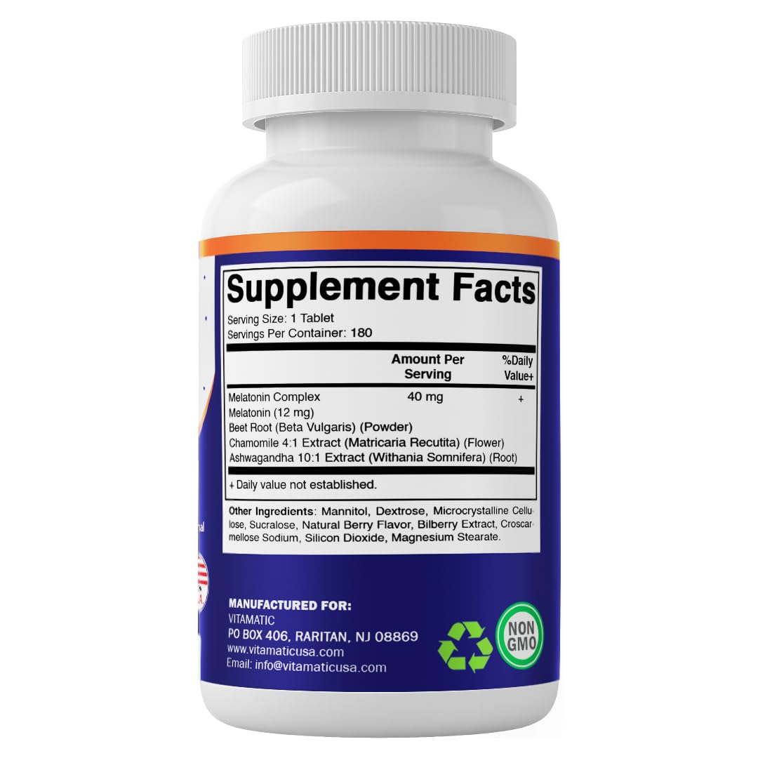 Vitamatic Fast Dissolve Melatonin Complex 40 mg – Natural Berry Flavor – 180 Tablets | Made with Beet Root, Chamomile & Ashwagandha Extract | Non-GMO, Made in USA — Amazon image 8