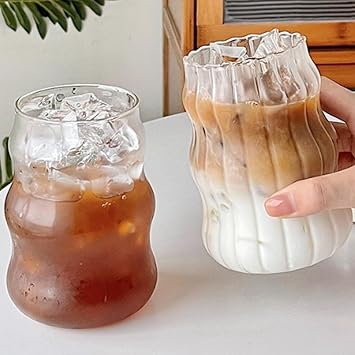 Ribbed Glass Cups 2 Pcs, 18 Oz Vintage Drinking Glassware Set Ripple Drink Cups for Iced Coffee Juice Beverage Milk Beer Water Wine Martini