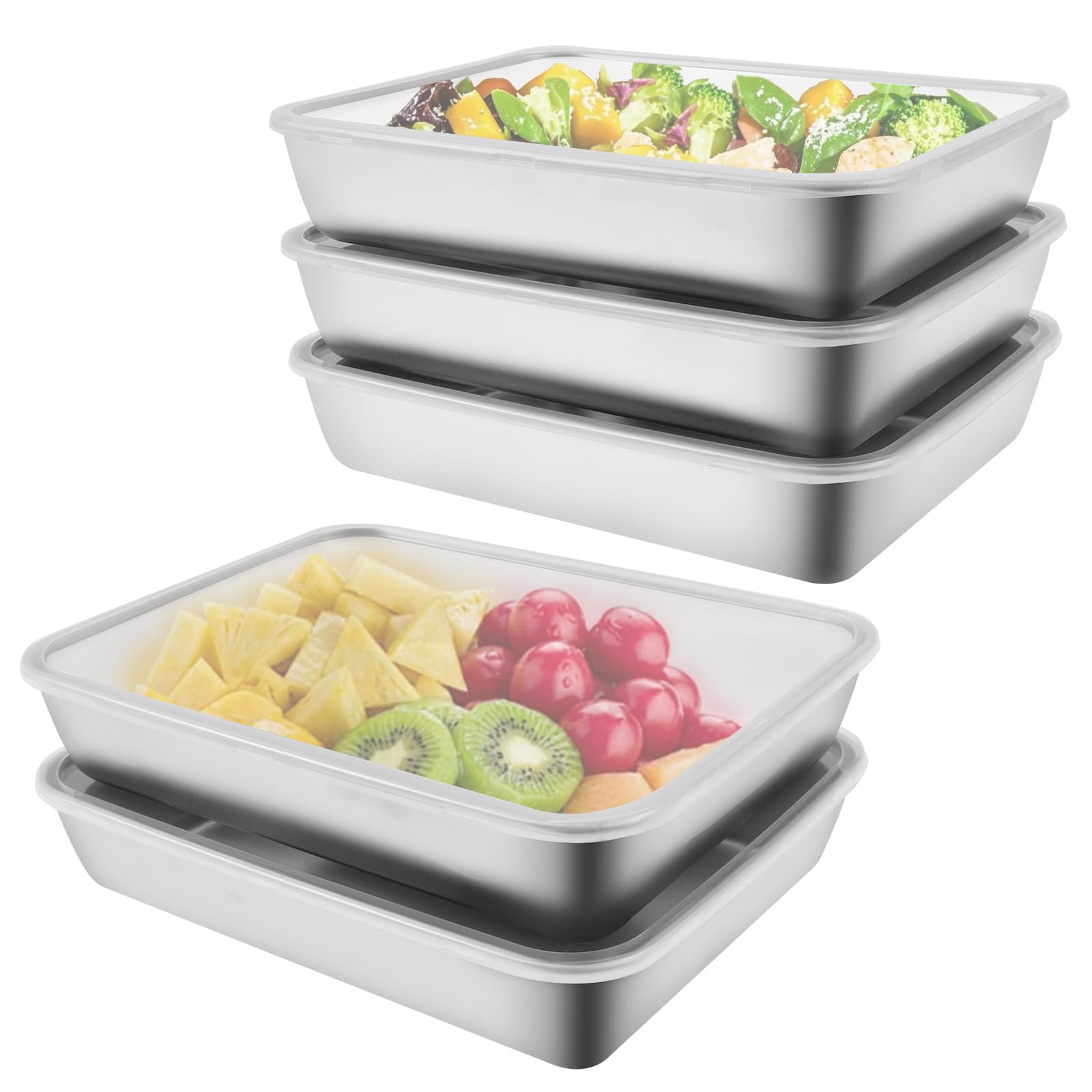 Ghshanog 5Pcs Stainless Steel Meal Prep Containers,Leakproof Food with Plastic Lids,Stackable Meal Box Reusable Lunch Box Fridge Crisper for Lunch,Leftovers,Meat,Vegetable,Salad