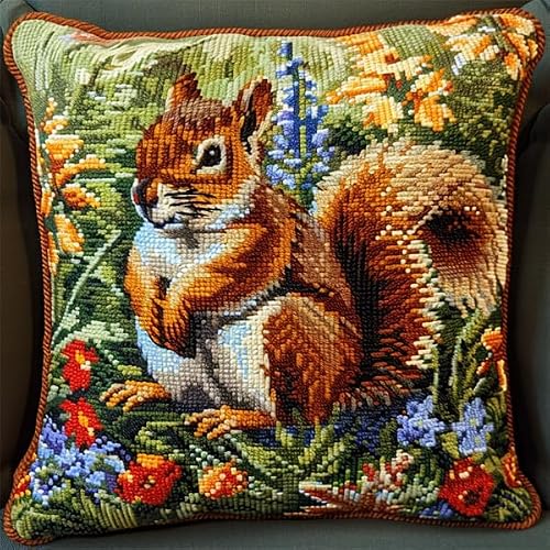 Lfynior Cross Stitch Pillow Kit Squirrel Tapestry Cushion kit 45X45cm Needlepoint Craft Set Cushion Kit pre Printed Handmade Cushion Cover Kit Stitched Cushion Kit Decorative for Adults Beginners