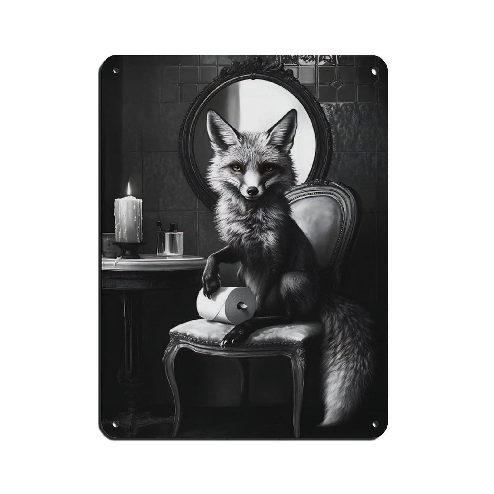 Fox Sitting on Chair, Monochrome Animal Decor Retro Poster Metal Tin Sign Chic Art Retro Iron Painting Bar People Cave Cafe Family Garage Poster Wall Decoration 12x16inch(30x40cm)