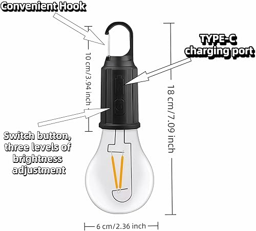 Miniatura 3 de Linterna LED portátil para campamento, gancho para colgar en cualquier lugar, recargable USB-C, 3 modos de brillo, resistente al agua