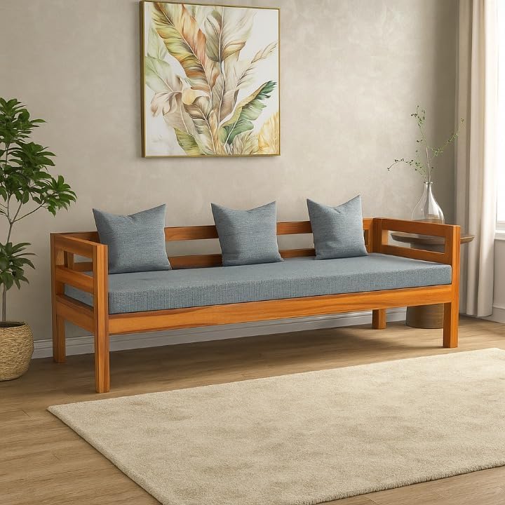 Image of ONIJA Solid Sheesham Wood 3 Seater Sofa Cum Diwan Couch Bed for Living Room Bedroom Furniture Three Seater Sofa Wooden Diwan Sofa Settee for Home, Hall, and Office (Natural Teak Finish)