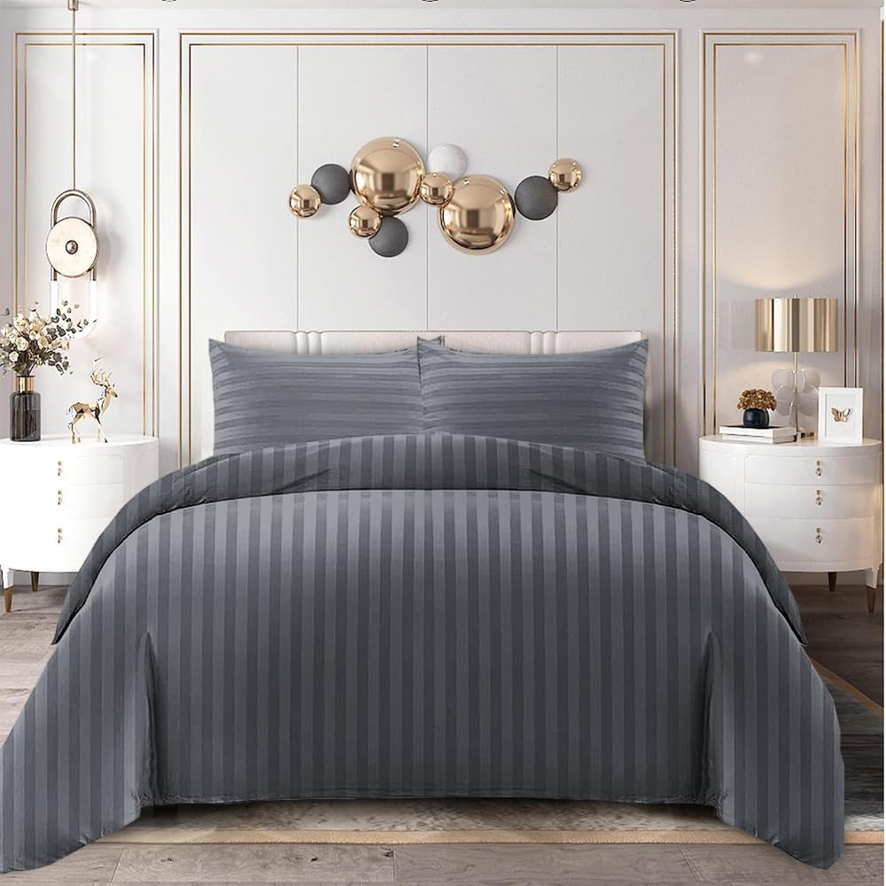 Home In Style 4U Double Duvet Cover Sets Grey Bedding with Satin Stripes-Reversible Hotel Bedding Duvet Cover Set with Pillowcases, Ultra Soft Breathable Hypoallergenic Quilt Bed Covers