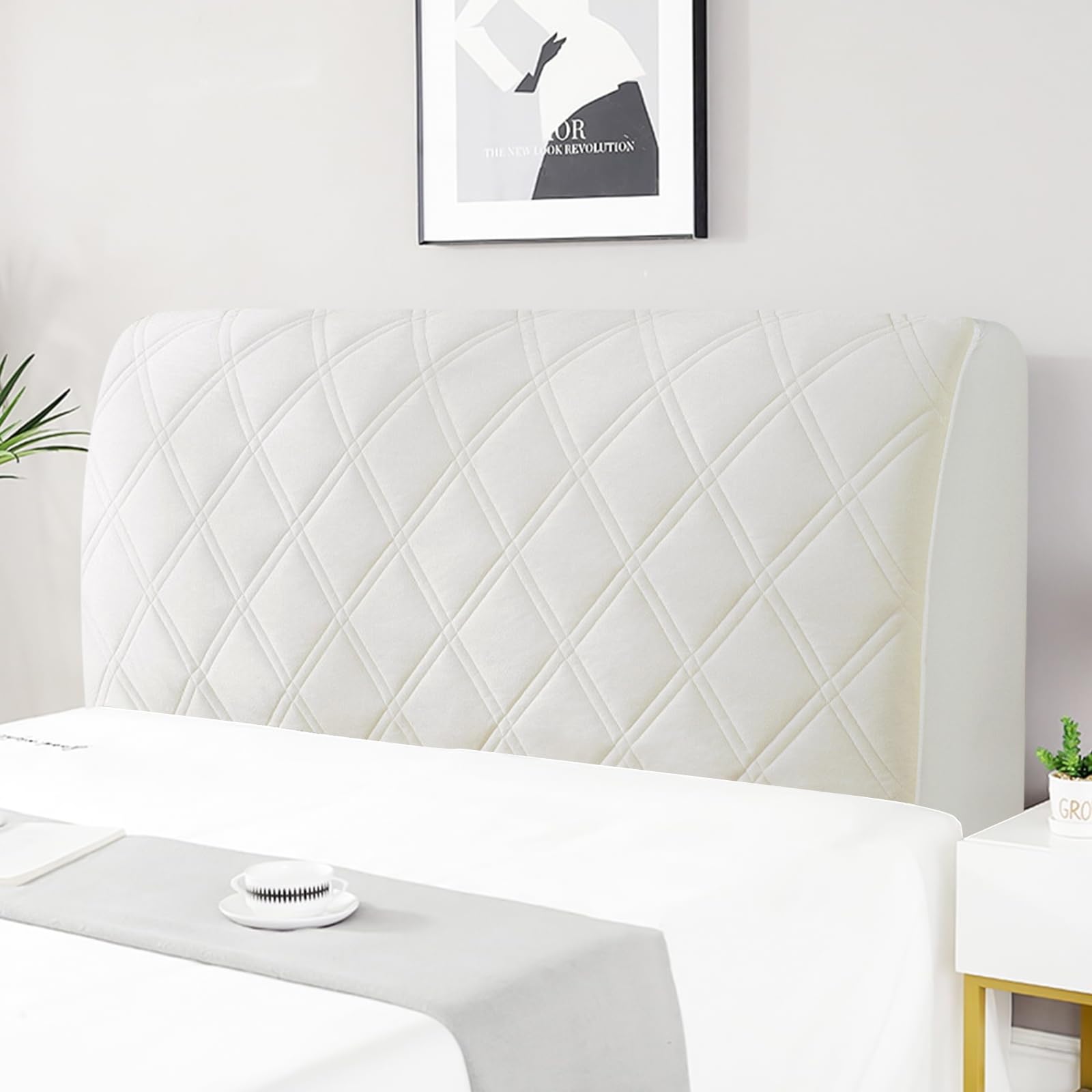 Bett Kopfteil Bezug, Kopfteil Bett Staubdichte Dehnbare Kopfteilbezug, Verdicken Gesteppt Einfarbig Baumwolle Bettkopfteil Bezug,Waschbar Betthusse, All-Inclusive Headboard Betthusse (Beige,210cm)