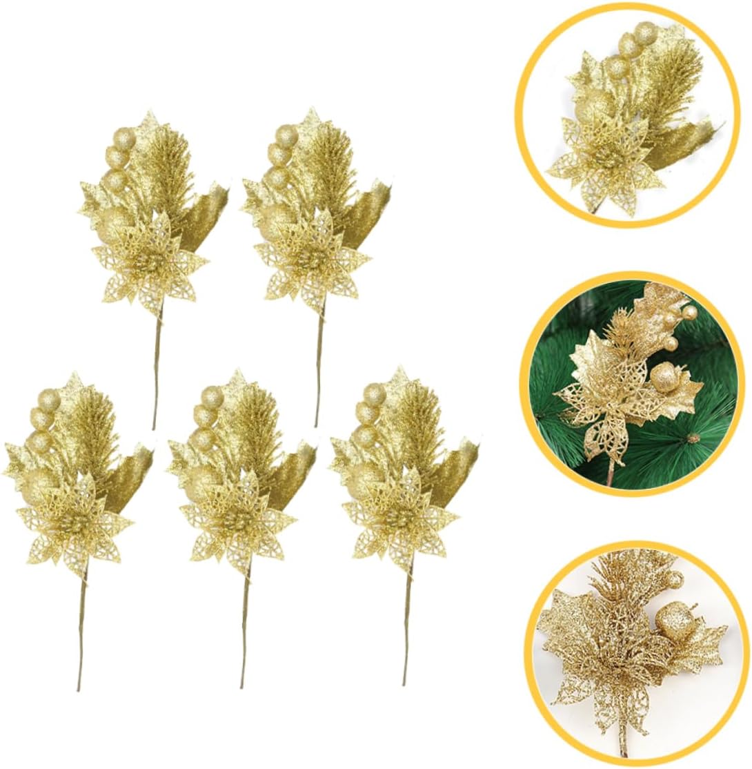 5pcs Christmas Artificial Leaves Picks Glitter Floral Stems for Holiday Decor and Arrangements Vibrant Shiny Design for Unique Home Decoration