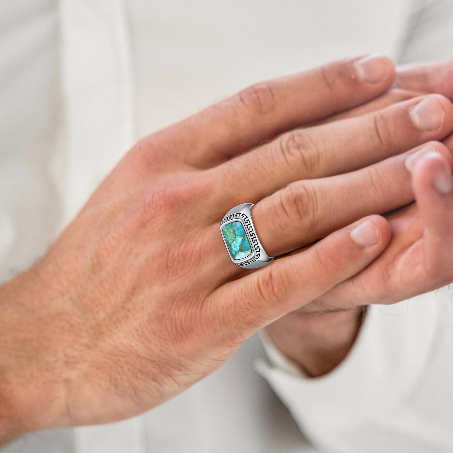 Yaresul 925 Sterling Silver Rings for Men, Teal Turquoise|Simulated Black Onyx Rings for Men Rings Bezel Setting Cross|Celtic Dragon|Greek Key Fashione Ring Jewelry Gift for Father Size 8-12