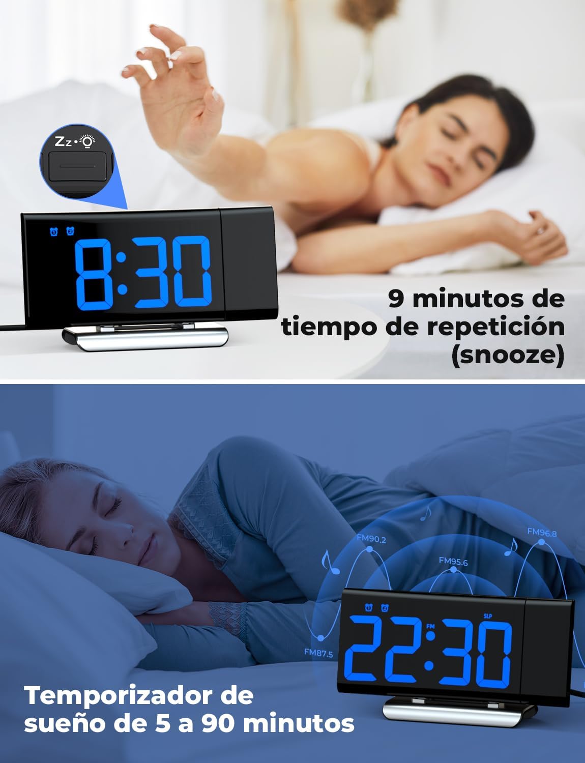 Top panel shows a person using the snooze function on the LIORQUE S7509 Projection Alarm Clock, which provides 9 minutes of extra sleep. The bottom panel shows the clock displaying 22:30 with radio waves, illustrating the sleep timer function from 5 to 90 minutes.