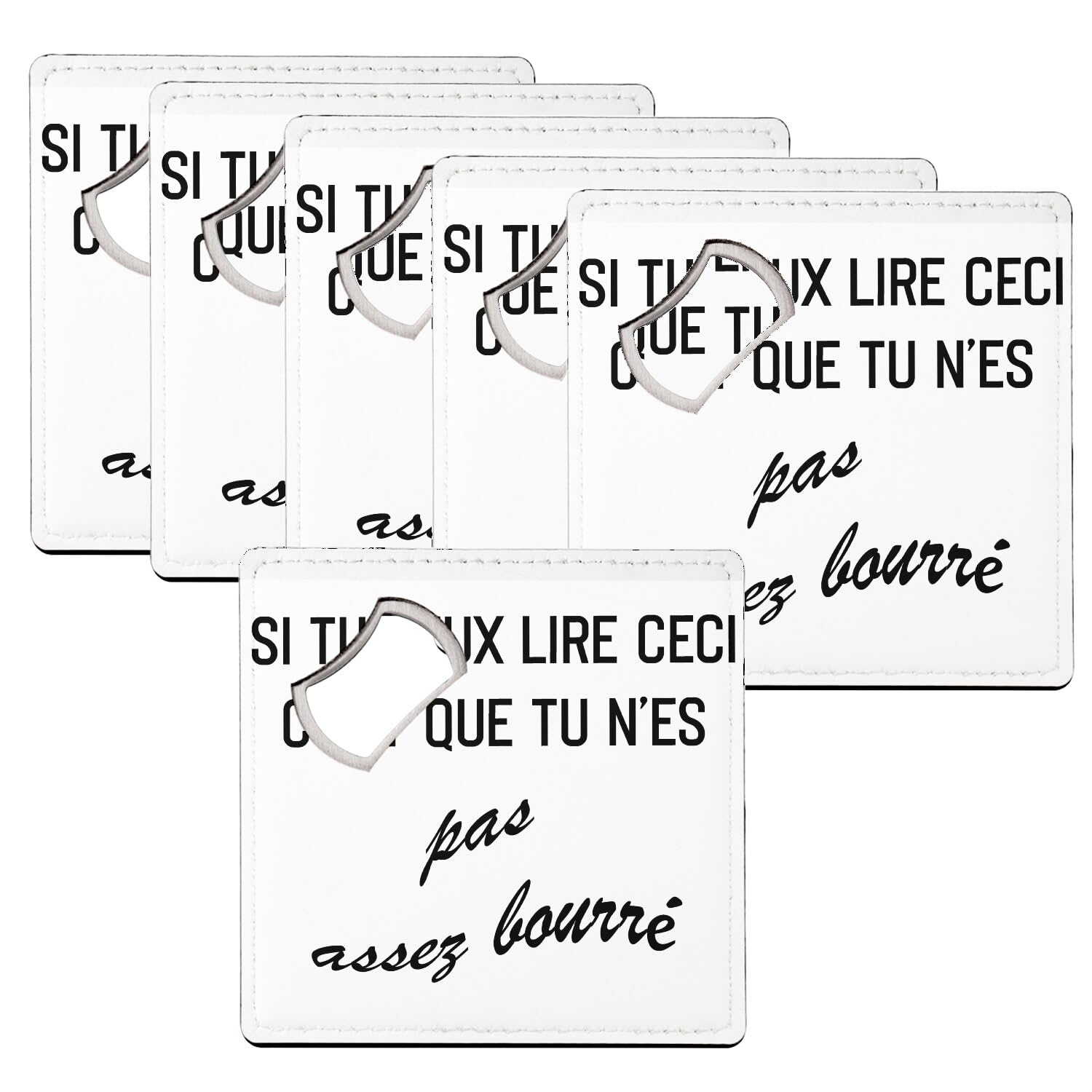 Sous verre décapsuleur 2-en-1 avec texte humoristique et format carré 92 mm - Set de 6