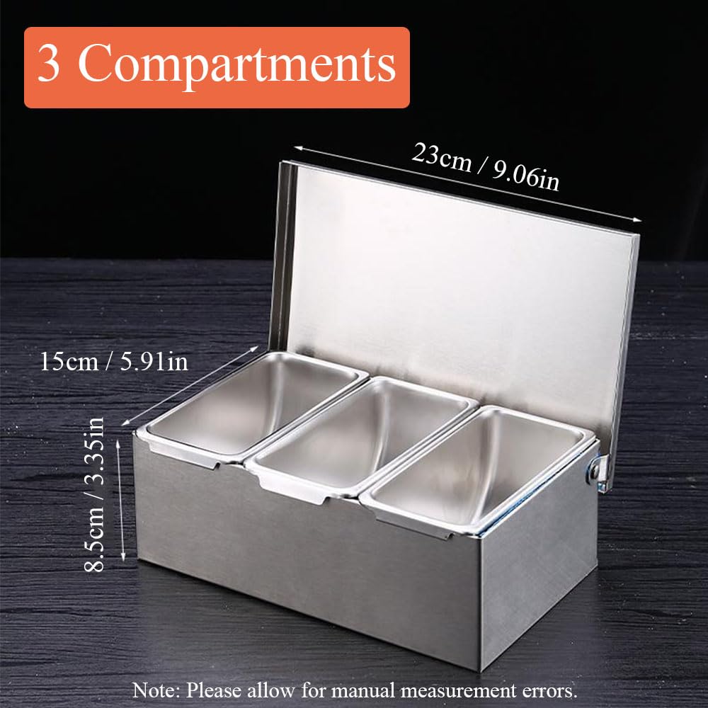 TOP-MAX Dispenser per Condimenti, Vassoio con 3 Scomparti in Acciaio Inox con Coperchio per la Conservazione delle Spezie da Cucina