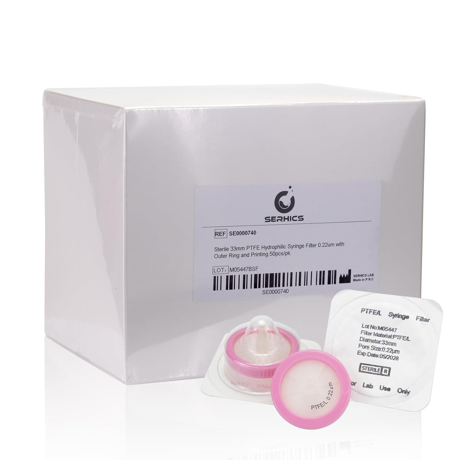 50 Pack Syringe Filter Sterilized PTFE Hydrophilic Filtration 0.22um Pore Size, 33mm Membrane Individually Packed