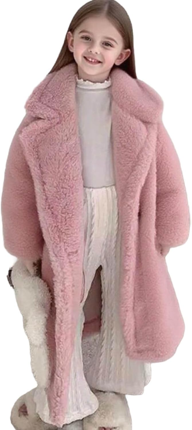 Kids Winter Fuzzy Sherpa Coat Double Breasted Long Faux Fur Warm Fleece Outerwear Jackets for Boys Girls 2-10 Years
