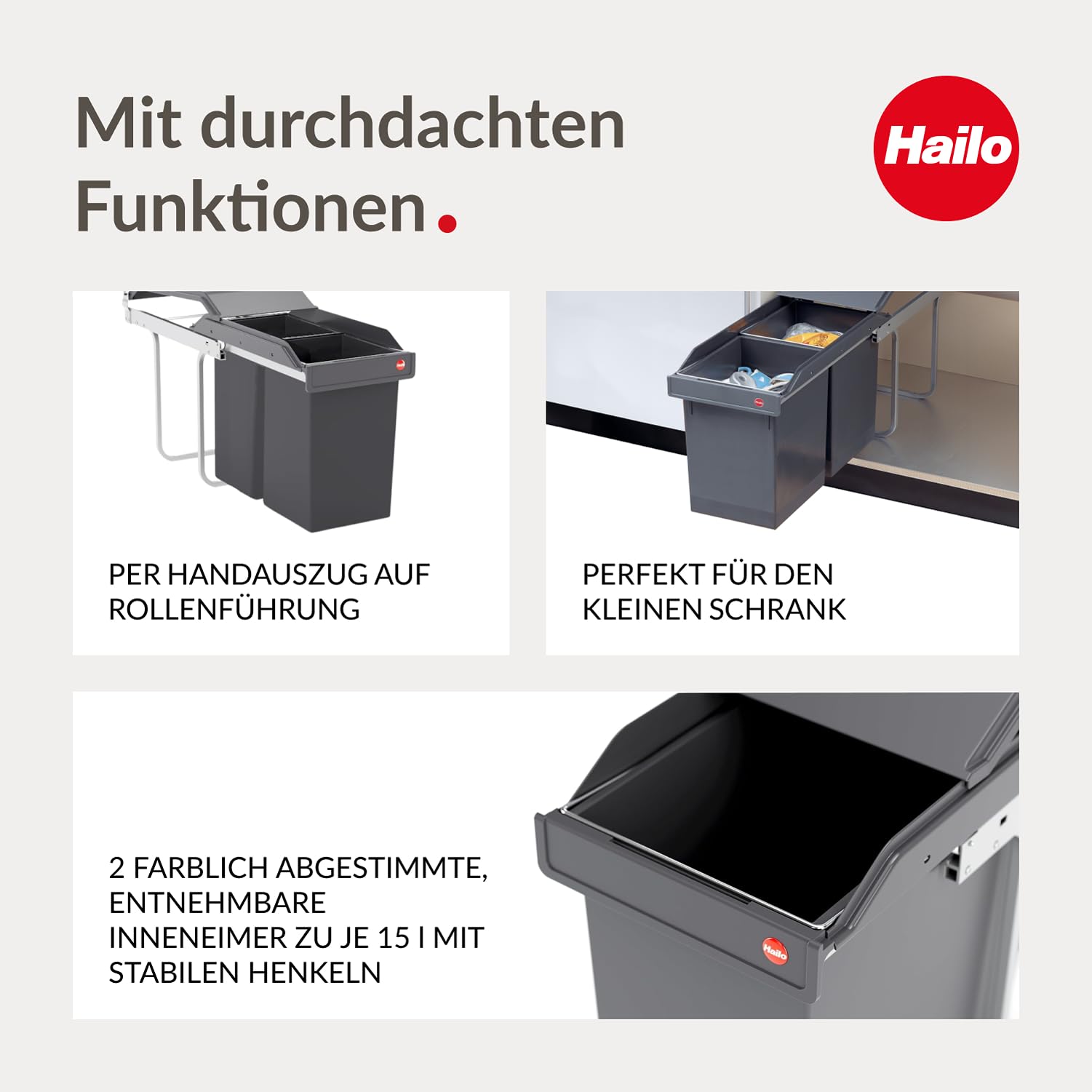 Hailo Abfallsammler Tandem 3650101 | 2fach Einbau-Mülleimer incl. 50 Müllbeutel | für Schränke ab 300 mm Breite | Bequemer Handauszug auf Rollenführung | Silber und Kunststoff Anthrazit