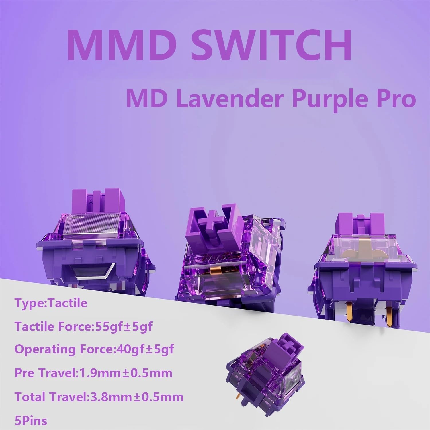 MMD Lavender Purple Pro przełącznik, wstępnie nasmarowany, 5-pinowy dyfuzor LED, przełącznik dotykowy do niestandardowej klawiatury mechanicznej, 90 szt