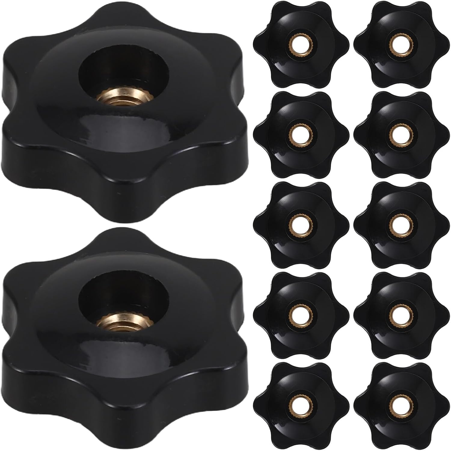 12pcs 1/4' Black Knurled Star Knob with Copper Core Hex Nut, Threaded Clamping Screw Knobs for Machine Adjustment and Industrial Equipment