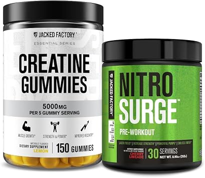 Jacked Factory Creatine Monohydrate Gummies 150 Gummies, Lemon & Nitrosurge Pre Workout Supplement 30 Servings, Cherry Limeade