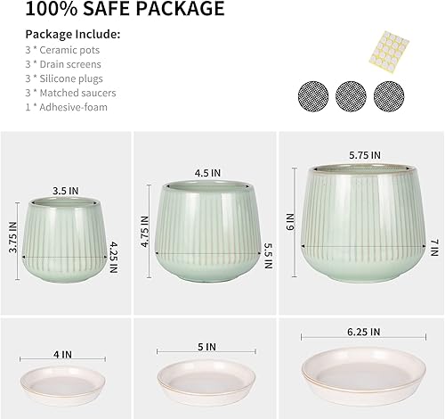 Miniatura 3 de TAMAYKIM 4.25 + 5.5 + 7 Inch Ceramic Plant Pots with Drainage Holes and Saucers, Small to Large Planter Sets for Plants, Succulent, Cactus and Green