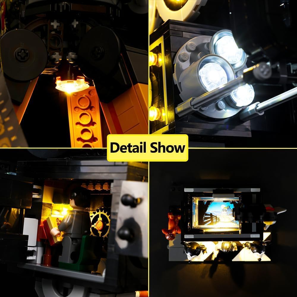 Close-up details of the BrickSoul light kit installed within the Lego Camera 43230 model, highlighting individual light placements.