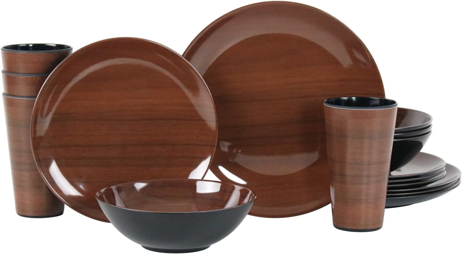 Melamine Dinnerware Set for 4-16 Pcs:Camping Dishes Set with Dinner Plates,Salad Plates,Cups and Bowls.Lightweight and Unbreakable.Indoor and Outdoor Use.Woodgrain.